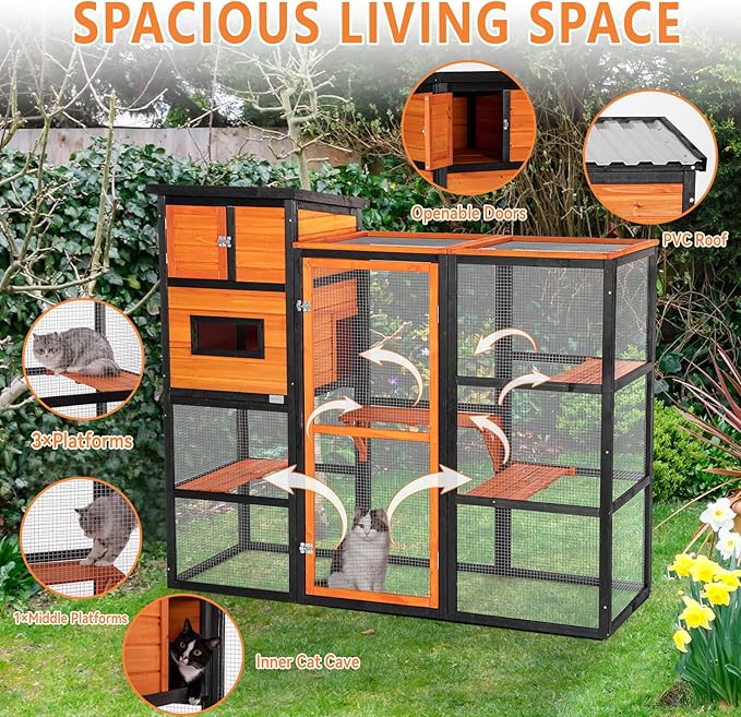Petsfit Catio Outdoor Cat Enclosure, Cat Catio Outdoor with 4 Tries, 2 Resting Room, 4 Platforms and Waterproof Roof, Orange
