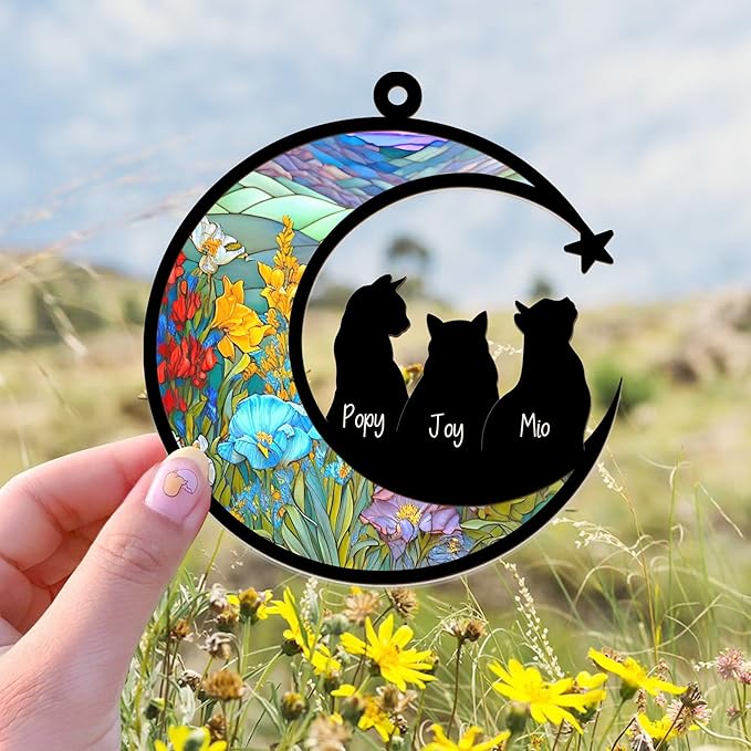Personalized Cat Memorial Suncatcher – Custom Pet Suncatcher with Name and Breed for Up to 3 Cats, Sympathy Gift for Pet Loss, Memorial Gift for Cat Lovers