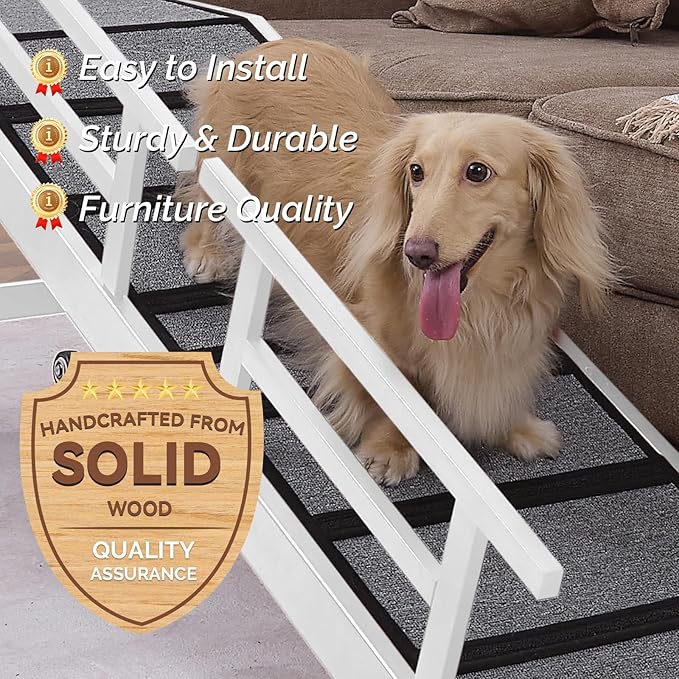 Dog Ramp for Bed or Couch, Wooden Pet Ramp with 20° Gentle Slope, Removable Side Rails, Non-Slip Surface, Top Platform & Wheels, Safe Bed Ramp for Small, Large & Senior Dogs, 60" Long, White
