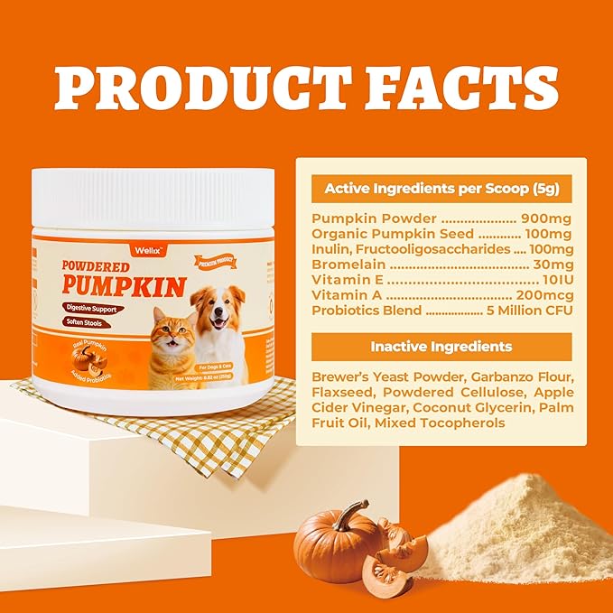 Wellix Pumpkin Powder for Dogs & Cats - Fiber Supplement, Digestion Support, Firms Stool, Dog & Cat Diarrhea, Constipation Relief, Gut Health - Food Topper for Dogs & Cats, Larger Volume