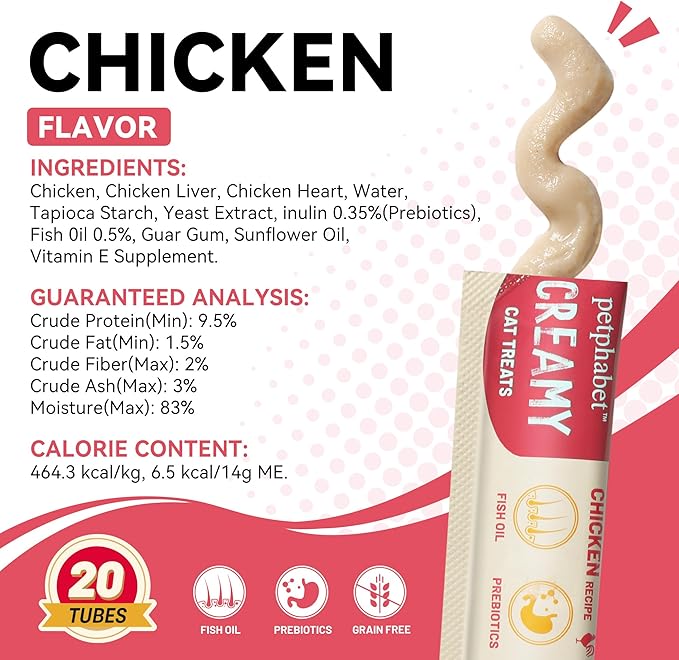 PETPHABET Lickable Cat Treats Squeeze, Creamy Puree Squeezable Wet Kitten Treats, Chicken Recipe 20 Tubes, Paste Snacks for Skin & Coat Health, Digestive Care, High Protein, Grain Free