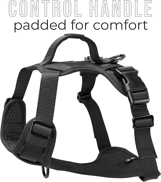 TUG Dog Harness with 2 Leash Connection Points | Adjustable, Padded, Lightweight | Handle on Back | No-Pull Front Clip (Medium, Black)