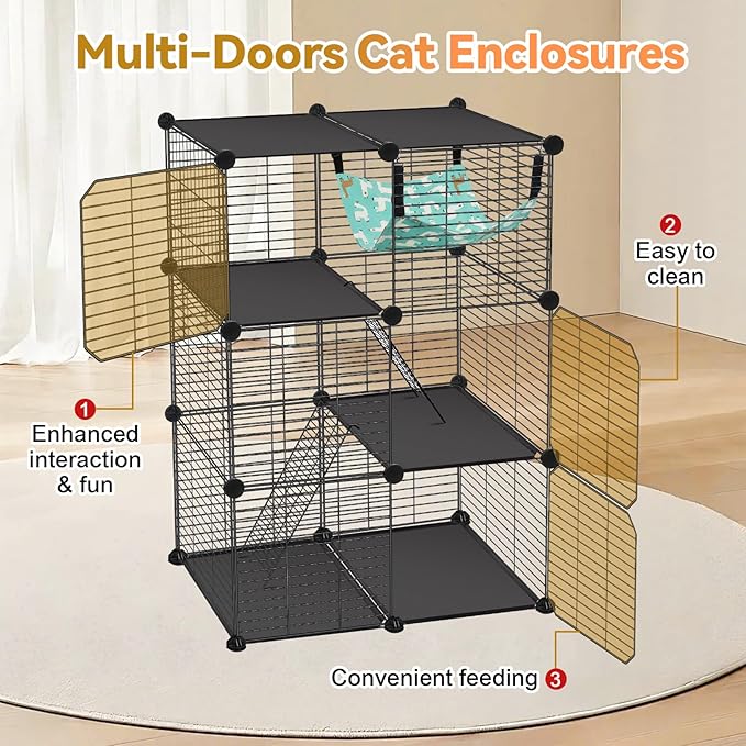 Cat Cage, 3-Tier DIY Catio Cat Enclosures, 24" x 16" x 36" Cat Playpen Indoor & Outdoor with Hammock, Detachable Metal Wire Kennel Cats Crate, 2x1x3 Exercise Place for 1-2 Cats/Kitten