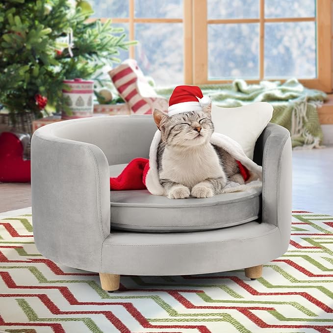 dCee Round Dogs Sofa - Cats Couch, Holds up to 50 Lbs, 24 in. Soft Velvety Pet Couch for Comfort Sleep, Joint Support, Dark Gray - Upgraded 2024