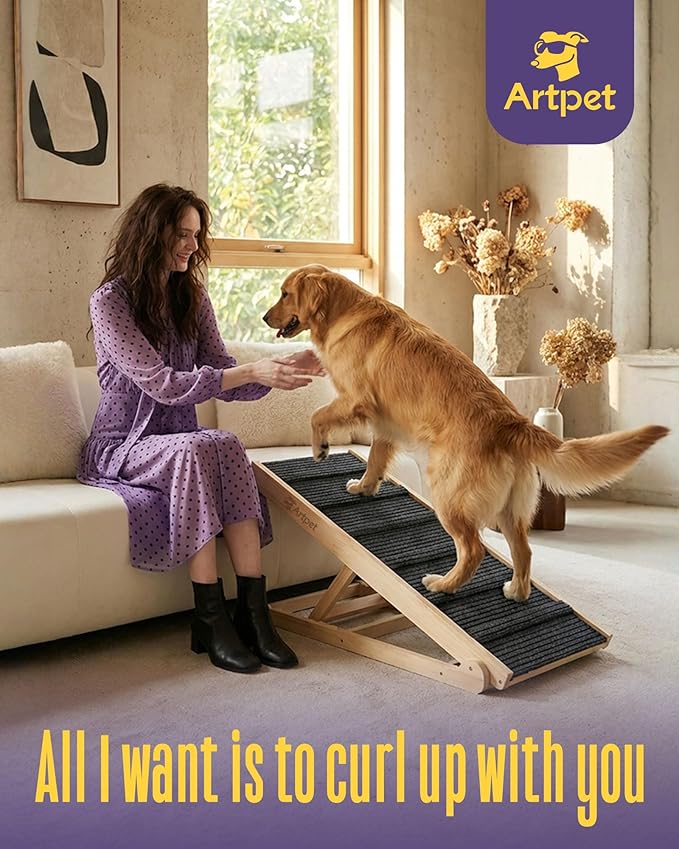 Wide Dog Ramp for Bed Couch Folding Dog Ramps for Large Dogs Up to 200 lbs, 43.3" Long Pet Ramp Adjustable Height Up to 24”