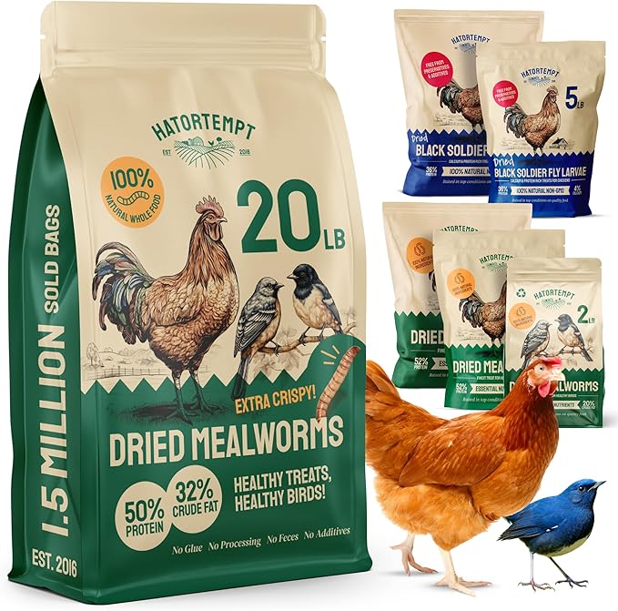 Hatortempt 20lb Dried Mealworms for Chickens - 50% Protein and 32% Essential Fats to Support Healthy Feather Growth During Molt - Organic Treats for Chickens, Ducks, Wild Birds & Reptiles