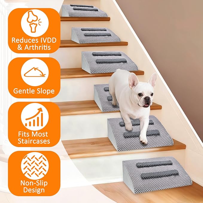 Dog Ramp for Stairs with Anti-Slip Bump for Small & Senior Dogs and Cats – Stair Wedges for Dogs with Gentle Slope, Pet Ramp with Washable Cover & Self-Sticky Pads for Safe Climbing (Gray, 2 Pack)