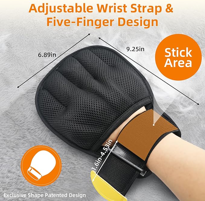 Pet Hair Removal Glove for Cats & Dogs, Patented Adjustable Strap, Reusable Five-Finger Grooming Glove with Secure Non-Slip Fit for Couch, Carpet, Clothing & Car Seat, 2 Pcs