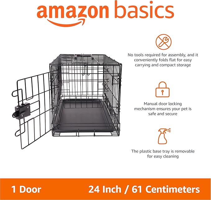 Amazon Basics Durable, Foldable Metal Wire Small Dog Crate with Tray, Single Door, 24 x 18 x 20 in, Black