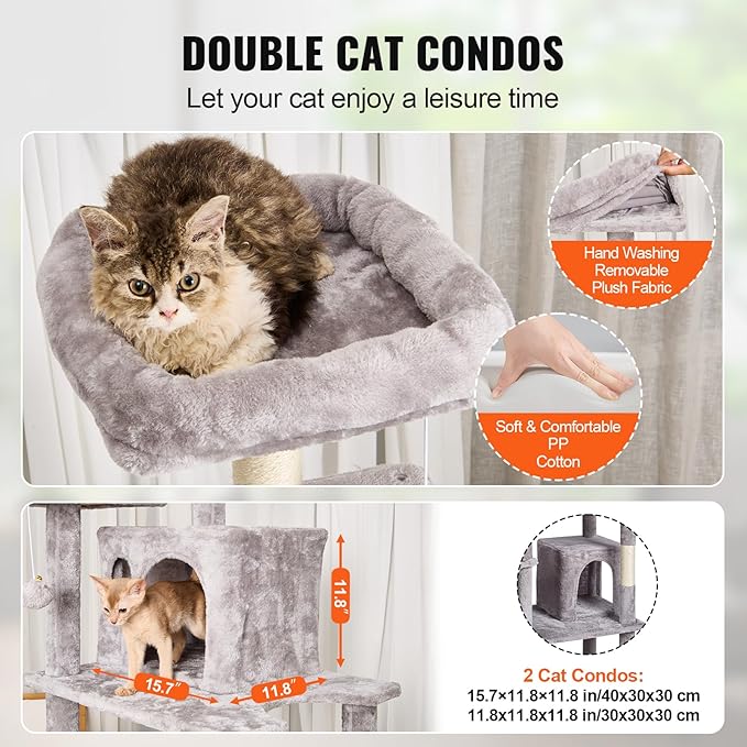 VEVOR Cat Tree for Indoor Cats, 68.5" Cat Tower with 2 Cat Condos, Sisal Scratching Post, Hammock, Top Perch, Jumping Platforms, Large Cat Furniture Activity Center with Hang Ball, Light Grey