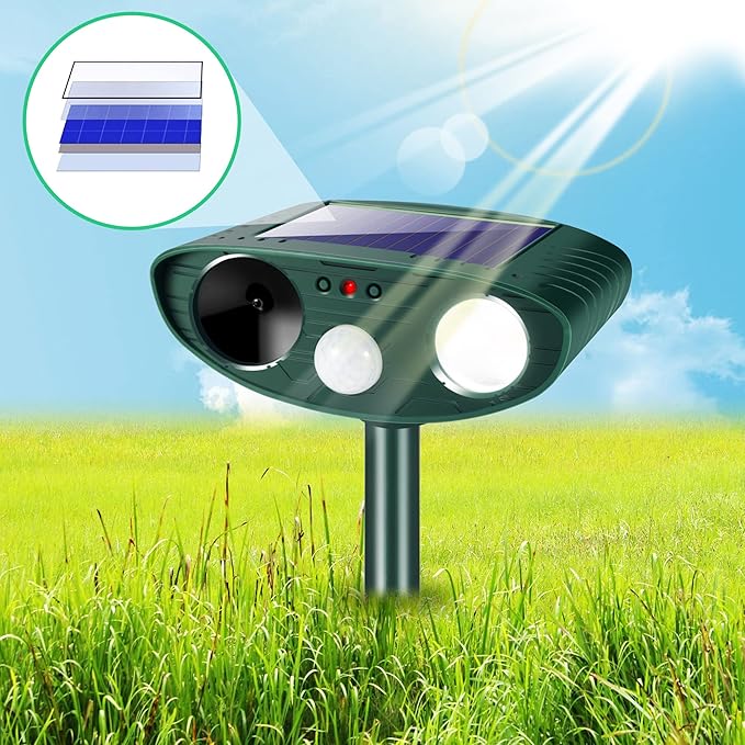 Upgraded Solar Animal Repellent Ultrasonic Animal Repeller Outdoor Deer Repellent Devices Waterproof with Motion Detection Cat Deterrent Dog Rabbit Raccoon Squirrel Skunk Repellent for Yard Garden