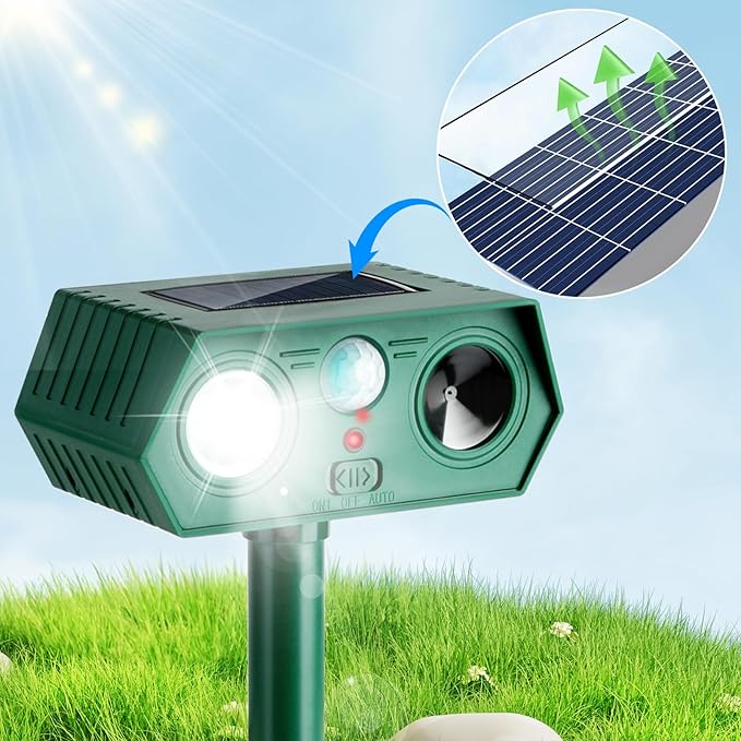 4Pack 2026 Ultrasonic Animal Repellent Outdoor Deer Repellent Devices Solar Animal Repeller Motion Activated Deterrent to Scare Cat Squirrel Rabbit Raccoon Skunk with LED Flash Lights for Yard Lawn
