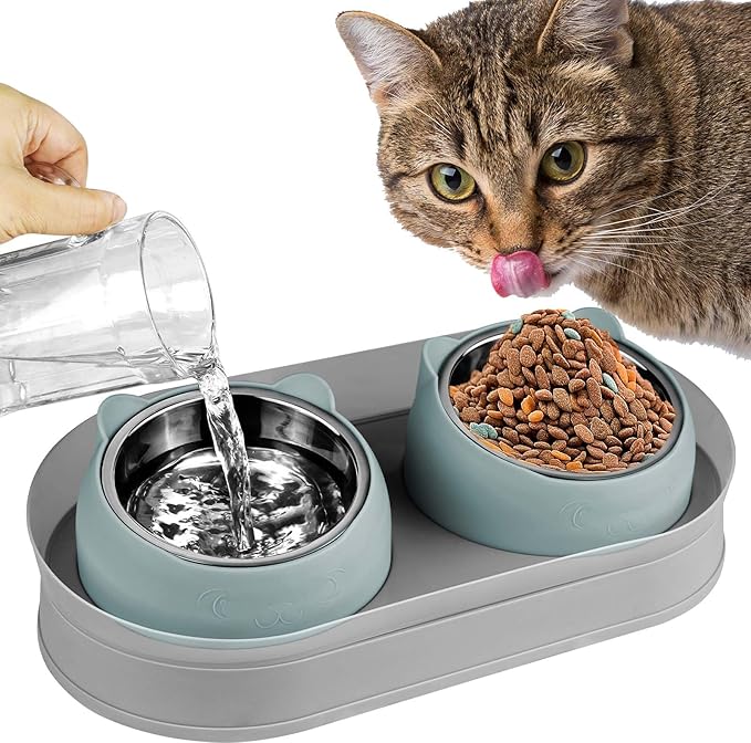 Elevated Raise Tilted Cat Food Bowls,with Stand Stainless Steel, Anti Vomiting, Double Cat Food and Water Bowl Set (Grayblue)