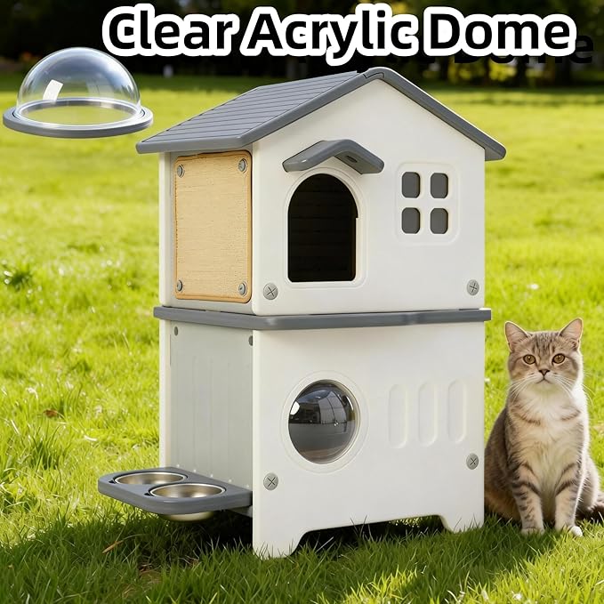 Insulated Outdoor Cat House Weatherproof for Feral Multi Cat, 2 Story Plastic Elevated Cat Shelter with Escape Door, Scratching Post, Stainless Steel Bowl, Grey 35" D x 15" W x 20" H