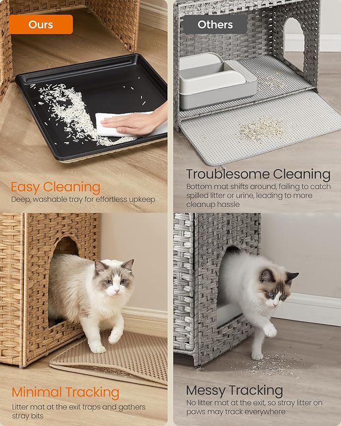 Feandrea Cat Litter Box Enclosure, Handwoven Rattan Hidden Litter Box Furniture with Extra Mat, Removable Washable Tray, Boho Cat House, End Table, Goose Yellow UPCL024YE01
