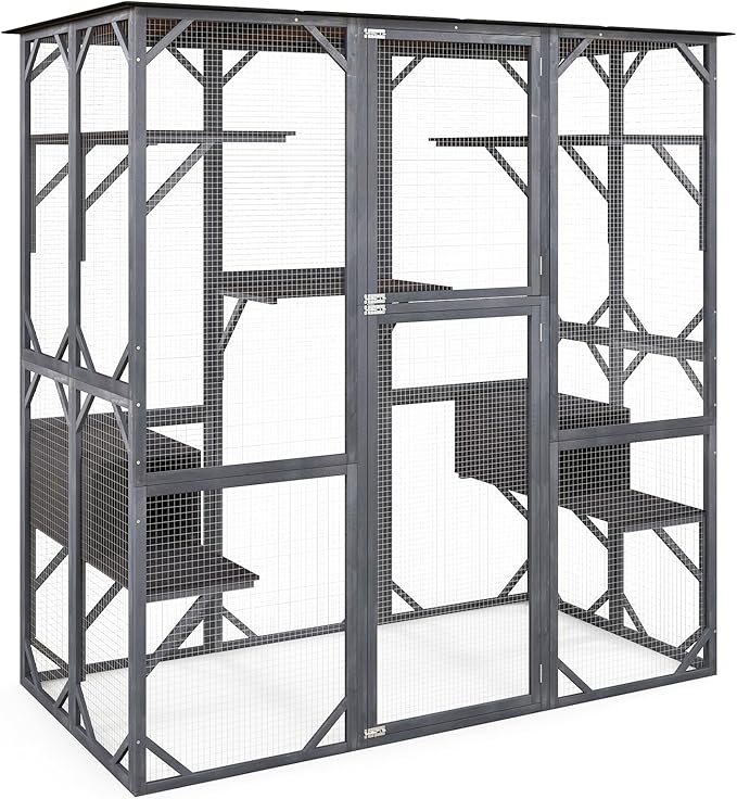 Tangkula Catio Outdoor Cat Enclosure Large, 71 Inch Outdoor Cat House Weatherproof with Asphalt Roof, Wooden Cat Cage Playpen with 7 Jumping Platforms & 2 Resting Boxes, Walk-in Cat Kennel Condo