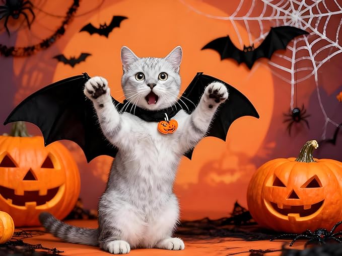 Deluxe Enhanced Cat Halloween Costume Bat Wings with Pumpkin Bells - Premium Upgraded Pet Apparel for Cats & Small Dogs, Adjustable Secure Fit for Halloween Party, Christmas, Birthday Dress Up