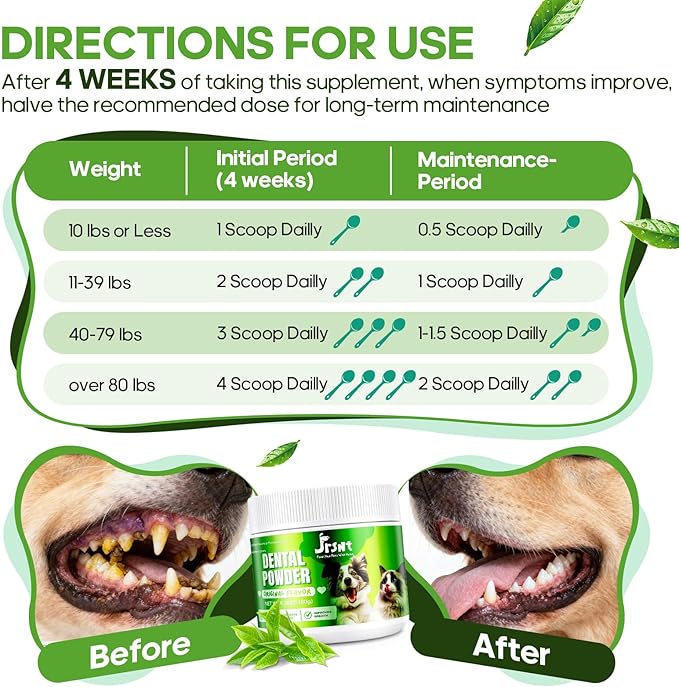 Dog Dental Powder, Dog Teeth Cleaning Powder, Natural Herbal Blend with 5 Probiotics and Lysozyme, Plaque Off Pet Tooth Cleaning, Bad Breath &Tartar Remover for Dogs All Breeds-180g