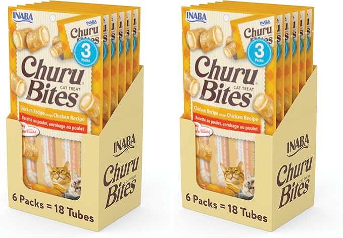 INABA Churu Bites for Cats, Soft Baked Chicken Churu Filled Cat Treats with Green Tea Extract, 0.35 Ounces Each Tube, 18 Tubes Total (3 per Pack), Chicken Recipe (Pack of 2)