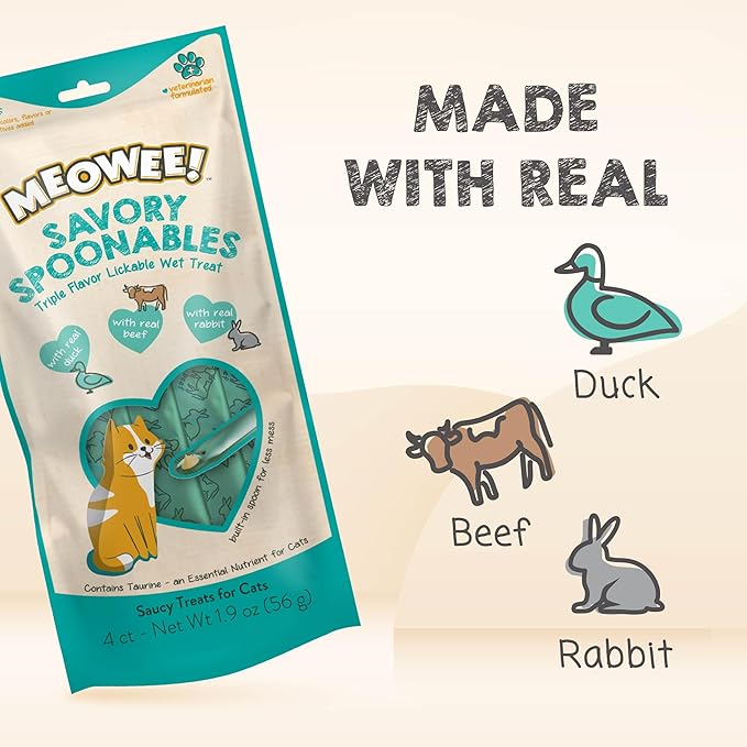 Savory Spoonables with Real Duck, Beef and Rabbit for Cats, 4 Count, Treat Your Cat to Triple Flavor Squeezable Lickable Wet Treats with Built-in Spoon for Less Mess (Pack of 2)