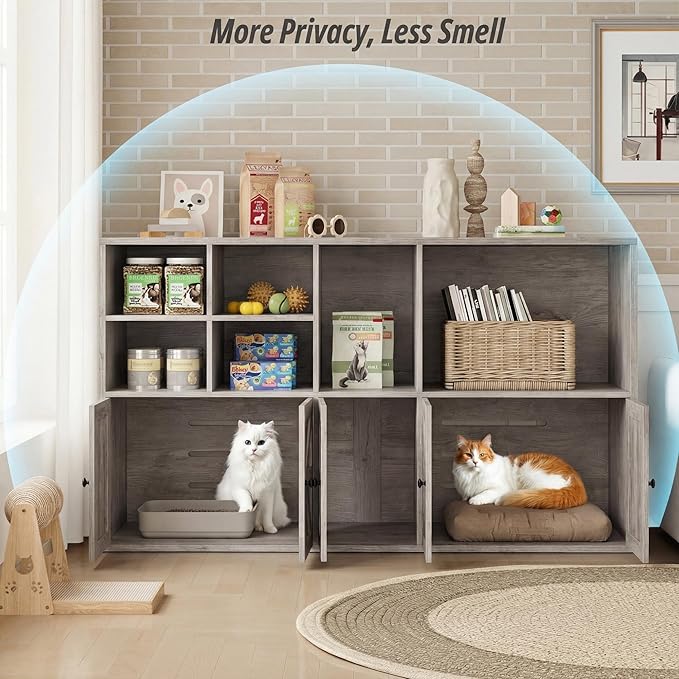 IRONCK Cat Litter Box Enclosure for 2 Cats, Litter Box Furniture Hidden with Double Room and Large Storage Space, Wooden Washroom Furniture, Cat House, Greige