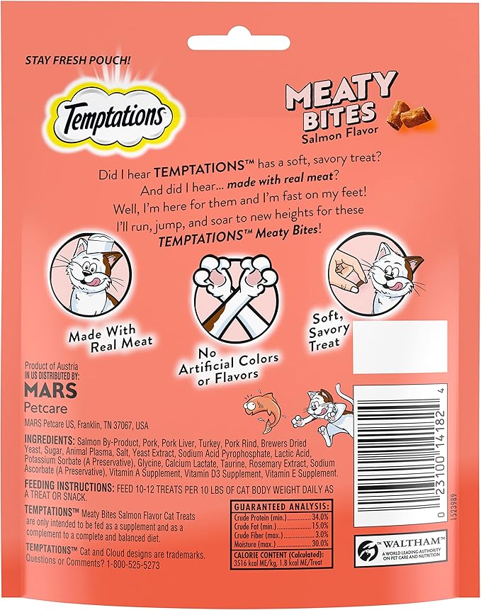 Temptations Meaty Bites Savory and Soft Cat Treats,Salmon Flavor,4.12 oz. Pouch,(Pack of 2)