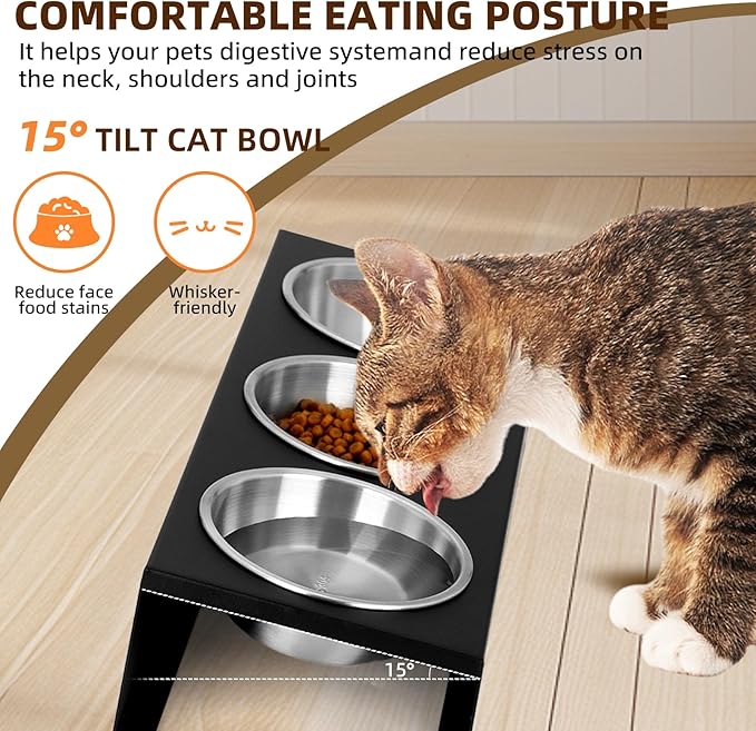 Elevated cat Bowls with Non-Slip Base, 15°Tilted Integrated Stand Anti Vomiting Raised Cat Dishes, Includes 3 Stainless Steel Bowls for Food and Water, Suitable for Cats and Small Dogs.
