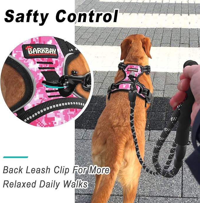 BARKBAY No Pull Dog Harness Large Step in Reflective Dog Harness with Front Clip and Easy Control Handle for Walking Training Running(Pink camo,L)
