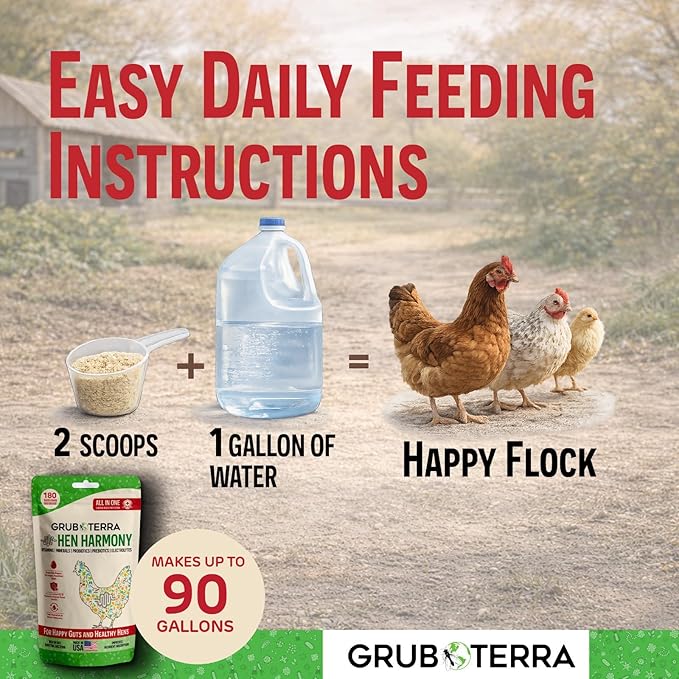 GrubTerra Hen Harmony – All-in-One Chicken Electrolytes for Water with Probiotics & Prebiotics, Daily Gut Supplement and Vitamins Supporting Hydration, Digestion, Egg Production – 180 Servings