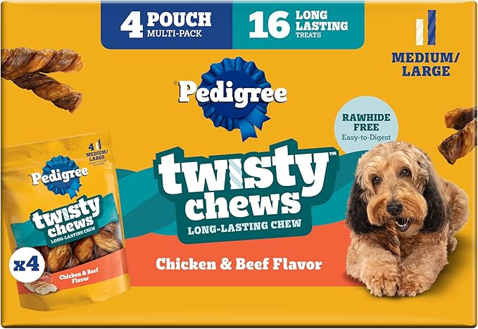 Pedigree Twisty Chews Medium/Large Long-Lasting Dog Treats Chicken & Beef Flavor, 9.17 oz. Pouch, 16 Count