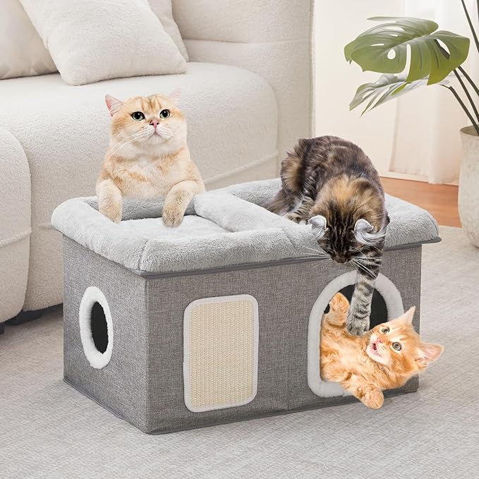 WINDRACING Cat Beds for Indoor Cats - Extra Wide Cats House for Pet and Foldable Kitten Cave Bed with Scratch Pad, Cat Hideaway Condo for Kitten, 23.4x15.9x13.2 inches, Light Grey