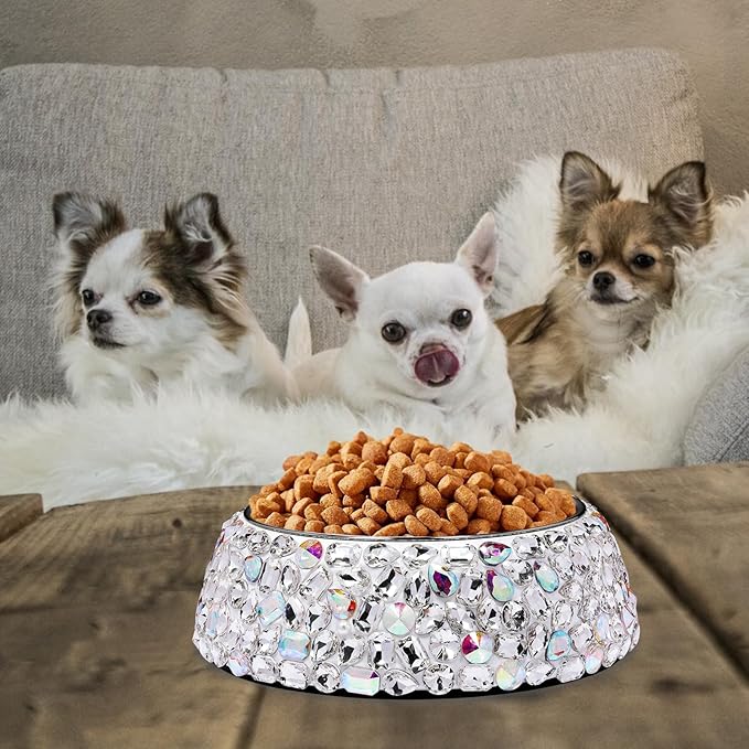 SlowVibes Diamond Stainless Steel Dog Bowls,Bling 7oz Detachable Metal Food Water Bowl for Feeding Dogs Cats,Rust Resistant Non-Slip Puppy Dish,Sparkle Essentials Fancy Dish for Small Girl Pets