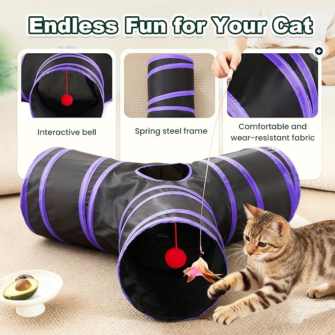 Love’s Cabin Cat Tunnel for Indoor Cats, 3-Way Collapsible Play Tunnel with Teaser Wand, Peek Holes & Toy Ball, Small Pet Toy for Kittens & Rabbits, Black & Purple, Small Size