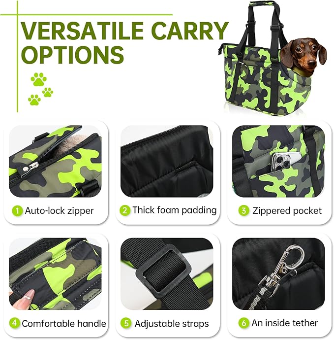 Premium 10mm Padded Dog Purse Carrier for Small Dogs, Pet Tote Bag Shoulder Carrying for Dog/Cat Below 4kg/9lbs -Camouflage Green