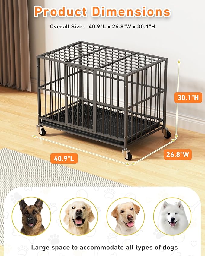 42 inch Heavy Duty Dog Crate with Dual Doors and Lockable Wheels, Large Dog Kennel Indoor, Removable Tray for Easy Cleaning, Dog Cage for Medium to Large Breeds and Anxious Dogs