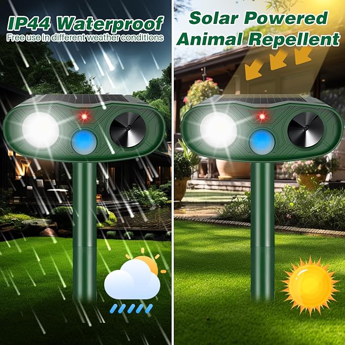 2 Pack Ultrasonic Animal Repellent Outdoor, Solar Deer Repellent Motion Sensor Cat Squirrel Rabbit Repeller, Waterproof Dog Raccoon Deterrent with LED Strobe Flash Lights