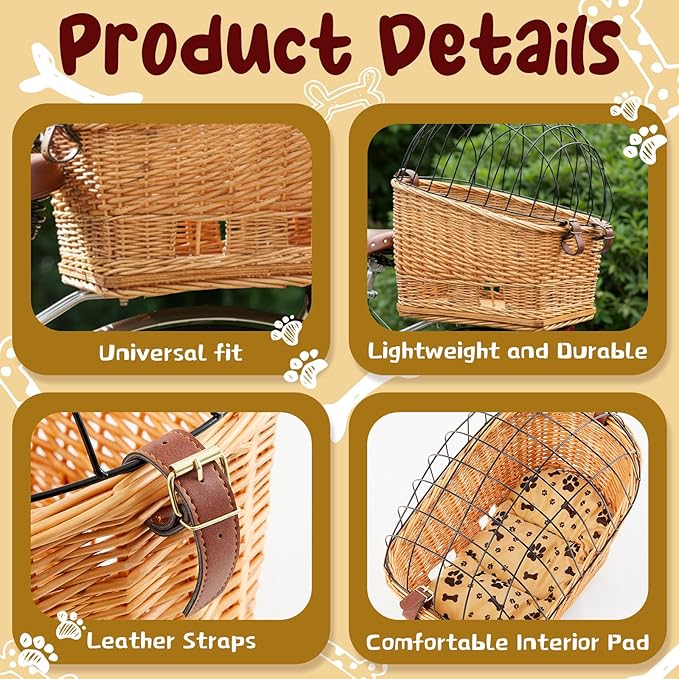 Wicker Dog Bike Basket, Rattan Pet Carrier for Small Dogs Cats with Protective Grille, Includes Ice Pad and Soft Cotton Cushion, for Secure Bicycle Rear Luggage Rack