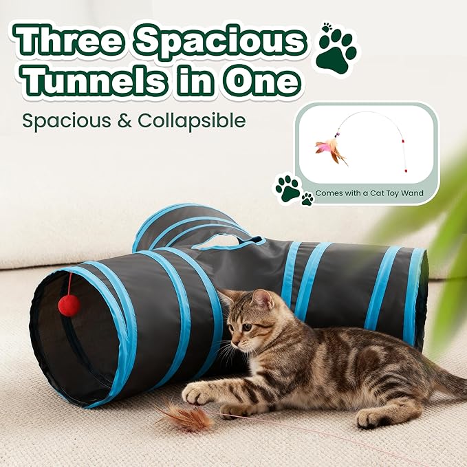 Love’s Cabin Cat Tunnel for Indoor Cats, 3-Way Collapsible Play Tunnel with Teaser Wand, Peek Holes & Toy Ball, Small Pet Toy for Kittens & Rabbits, Black & Blue, Small Size