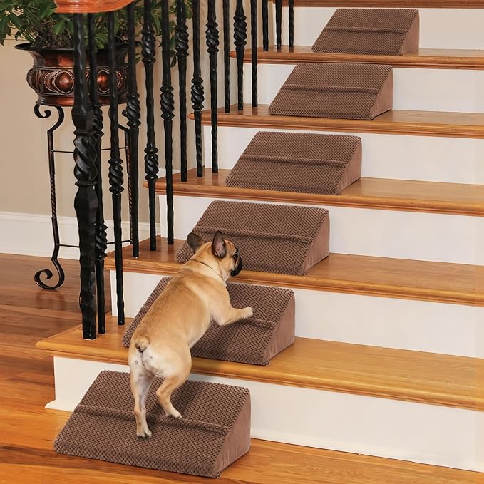 40D Density Foam Dog Ramp with Anti-Slip Bump for Stairs Suits for Small Dogs Cats, Pet Ramp Steps Stairs for Staircase Indoor with Self-Sticky Pads to Fix(6Pack, Brown)