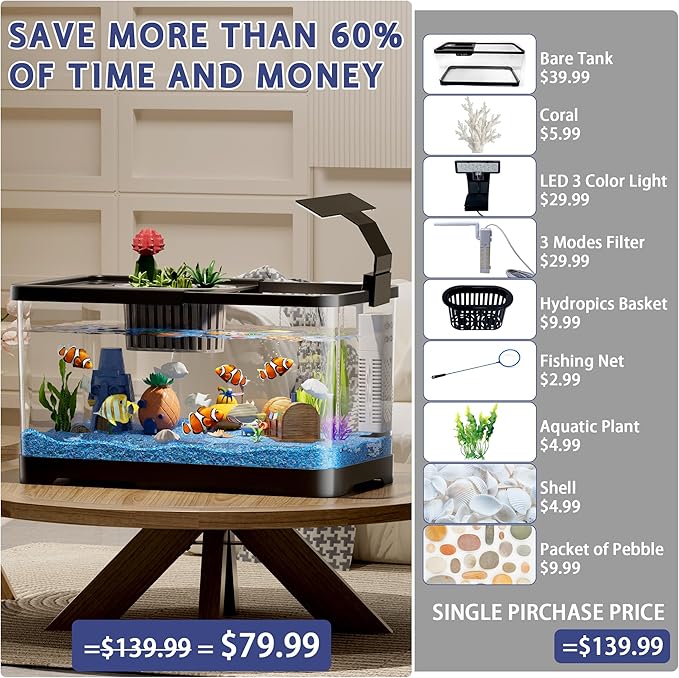5.3 Gallon Fish Tank, 9 in 1 Betta Fish Tank, Aquarium with LED Full Spectrum 3 Color Light, 3 Modes Filter, Hydroponic Basket, Fishing Net, Shells, Aquatic Plant, Pebbles, Coral, Starter Kit (Black)