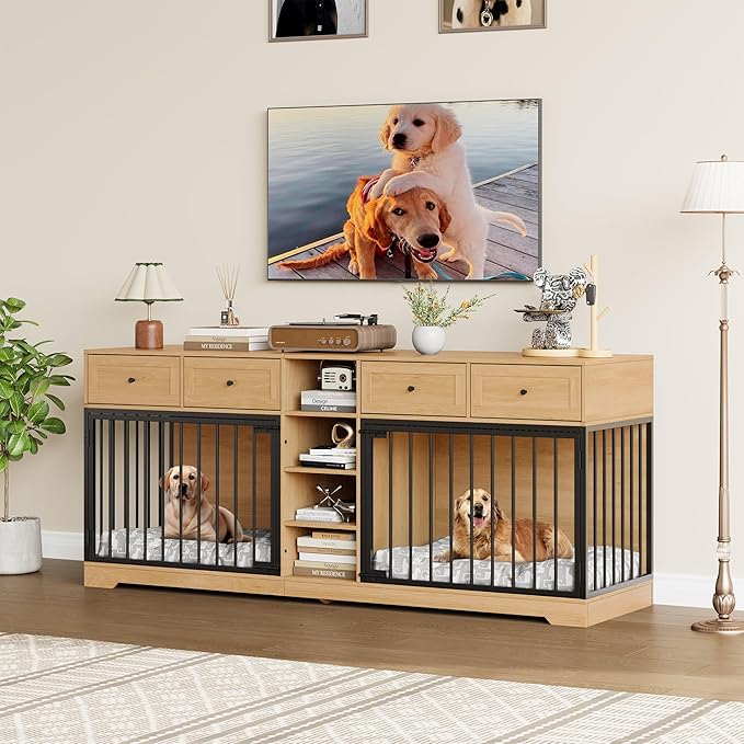 GAOMON Dog Crate Furniture for 2 Dogs, 82'' Large Dog Kennel Indoor with 4 Storage Drawers and 4 Shelves, Double Dog Crate TV Stand for Medium and Large Dogs, Natural