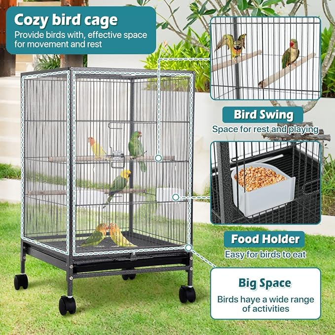 35 Inch Bird Cage with Stand Parrot Cage for Large Birds Parakeet Cages Wrought Iron Parakeet Birdcage with Play Open Top, Bottom Tray, 2 Feeders for Parakeets, Canary, Cockatiel