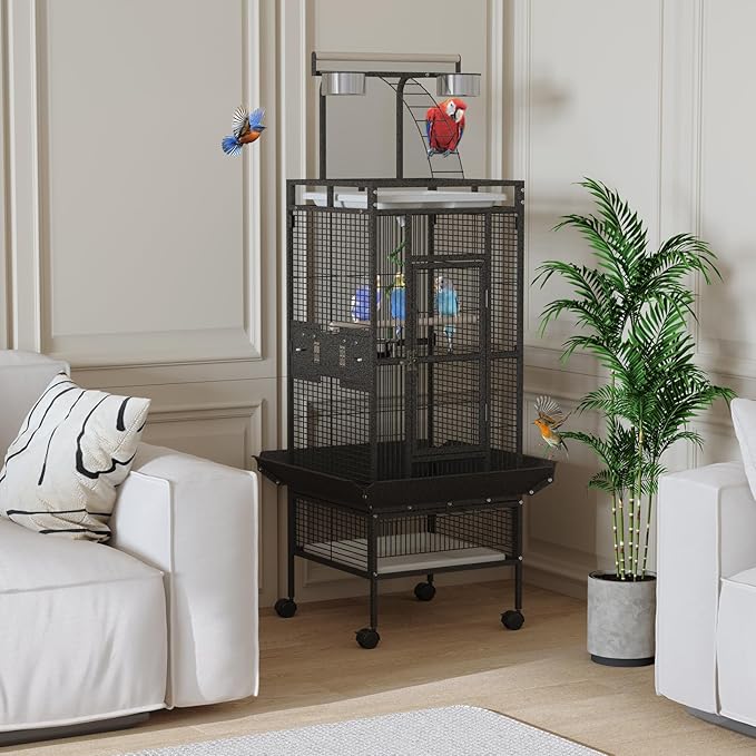 60 inch Large Bird Cage with Rolling Stand, Metal Parrot Cage with Play Top & 4 Stainless Steel Bowls, Birdcage Pet House for Conure Cockatiel Parakeet Lovebird, Black