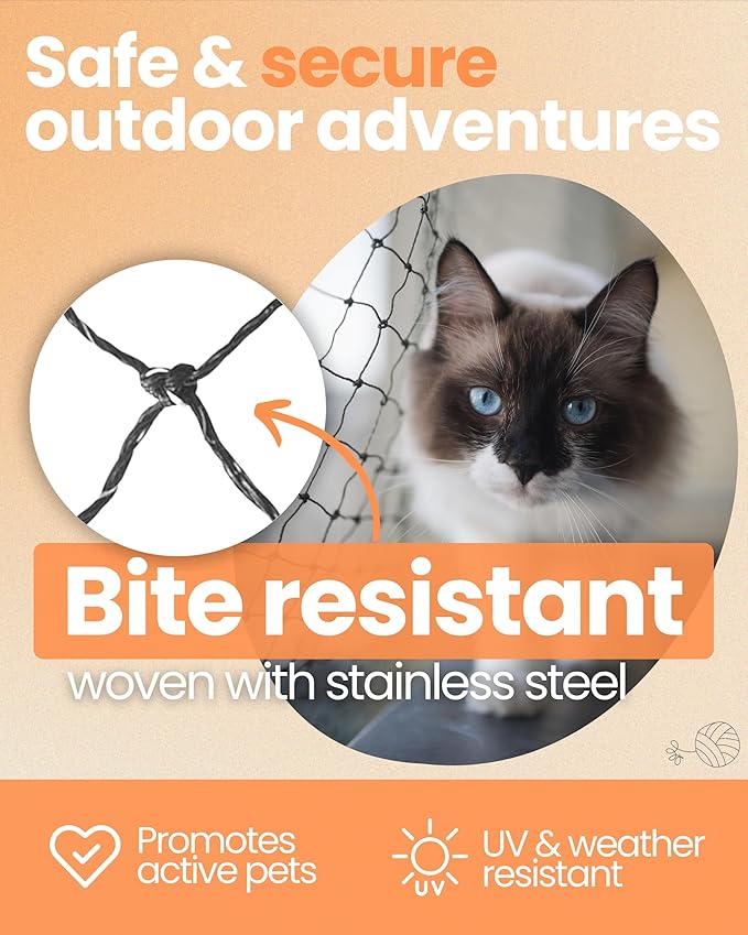 Steel Reinforced Cat Netting for Balcony - 10ft x 20ft - Cat Net for Catio – Safety Netting for Pets - Animal Proof Screen - Strong Pet Net – Kitten Balcony Protection - Barrier for Animals Fence