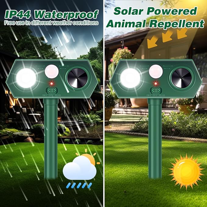 4Pack Solar Ultrasonic Animal Repellent Outdoor, Cat Repeller Outdoor Deer Repellent Devices Motion Detection with Motion Sensor for Yard, Predator Lights with Red&Blue to Scare Rabbit Raccoon