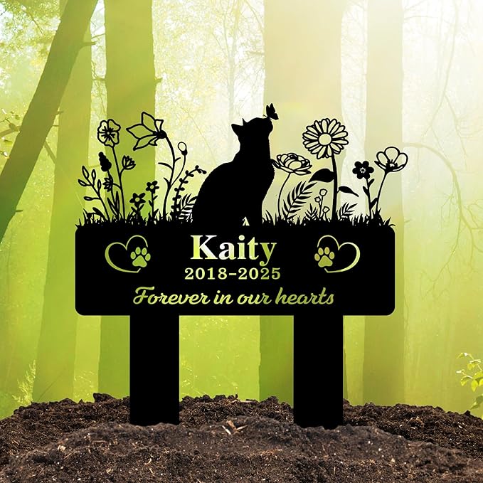 Custom Cat Grave Marker Outdoor | Personalized Pet Memorial Stone with Engraved Name & Lifespan Dates | Perfect Garden or Yard Tribute for Pet Loss | Durable Weatherproof Metal Material