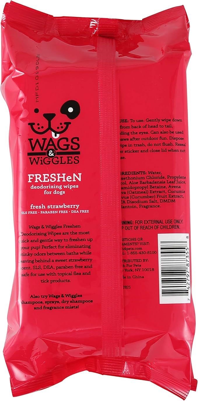 Wags & Wiggles Freshen Deodorizing Wipes for Dogs -Eliminate Odors from Your Dog's Coat -Fresh Strawberries | Easy and Convenient Way to Freshen Your Pet Without A Bath, FF12825, 100 Count (Pack of 2)