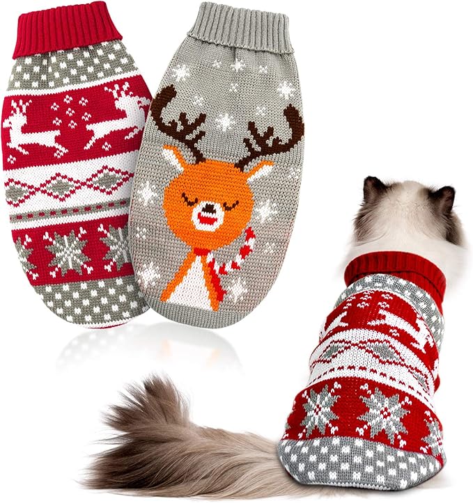 HYLYUN Cat Christmas Sweater 2 Packs - Puppy Christmas Sweater Pet Reindeer Snowflake Sweaters for Kittys and Small Dogs L