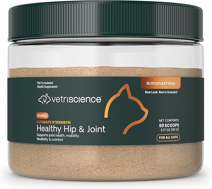 VetriScience Ultimate Strength Healthy Hip & Joint Powder, Glucosamine, Chondroitin and Green Lipped Mussels for Cats, Soothe Joint Discomfort, Cheese & Chicken, 60 Scoops