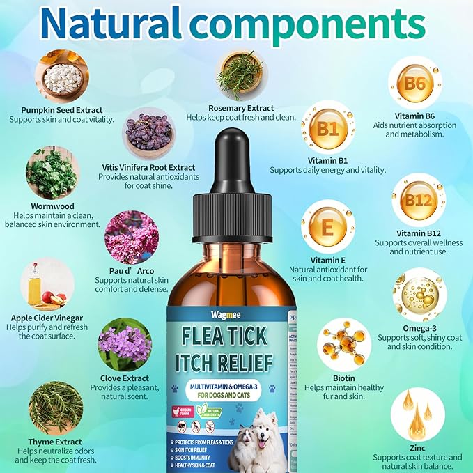 Natural Cat Flea Treatment Chewables & Flea and Tick Prevention for Dog and Cat, Supports Healthy Skin & Coat - Oral Supplement for All Breeds & Ages - Chicken